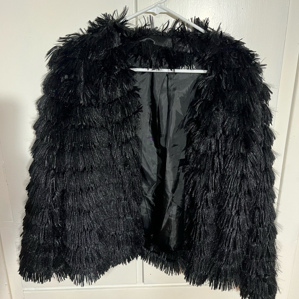 Black fringed faux fur jacket